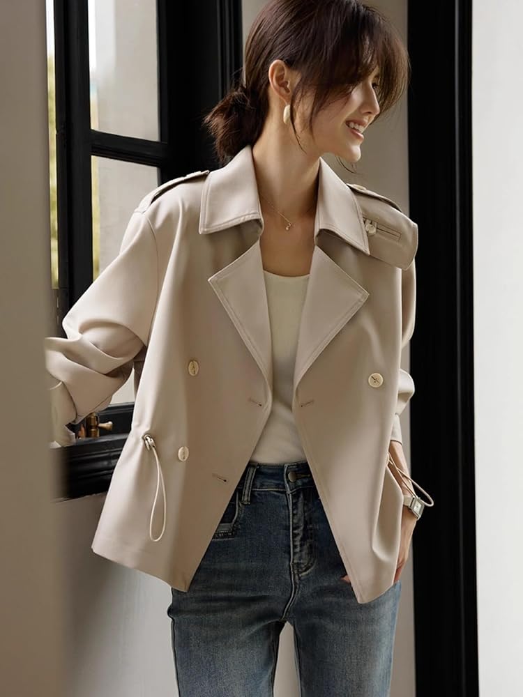 ジャケット・アウター OVER SHORT TRENCH COAT 2 Amazon.com: Women Short Trench Coat Fashion Lapel Loose